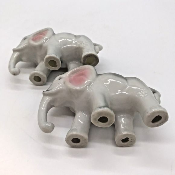 Vintage Pair (2) of Miniature Ceramic Gray & White Elephant Figurines Japan - Picture 7 of 8